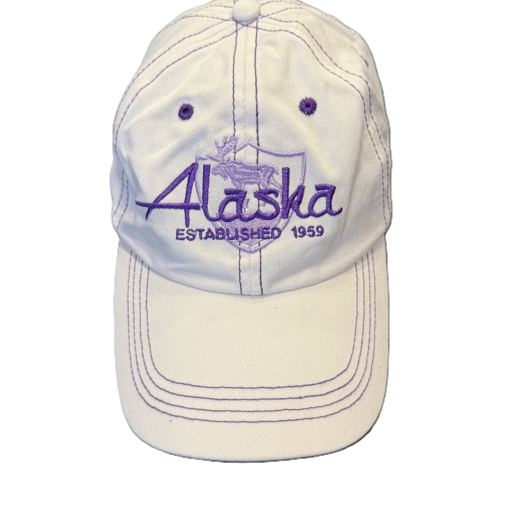 Prairie Mountain  Alaska Baseball Hat Unisex OS White Purple Moose Embroidered